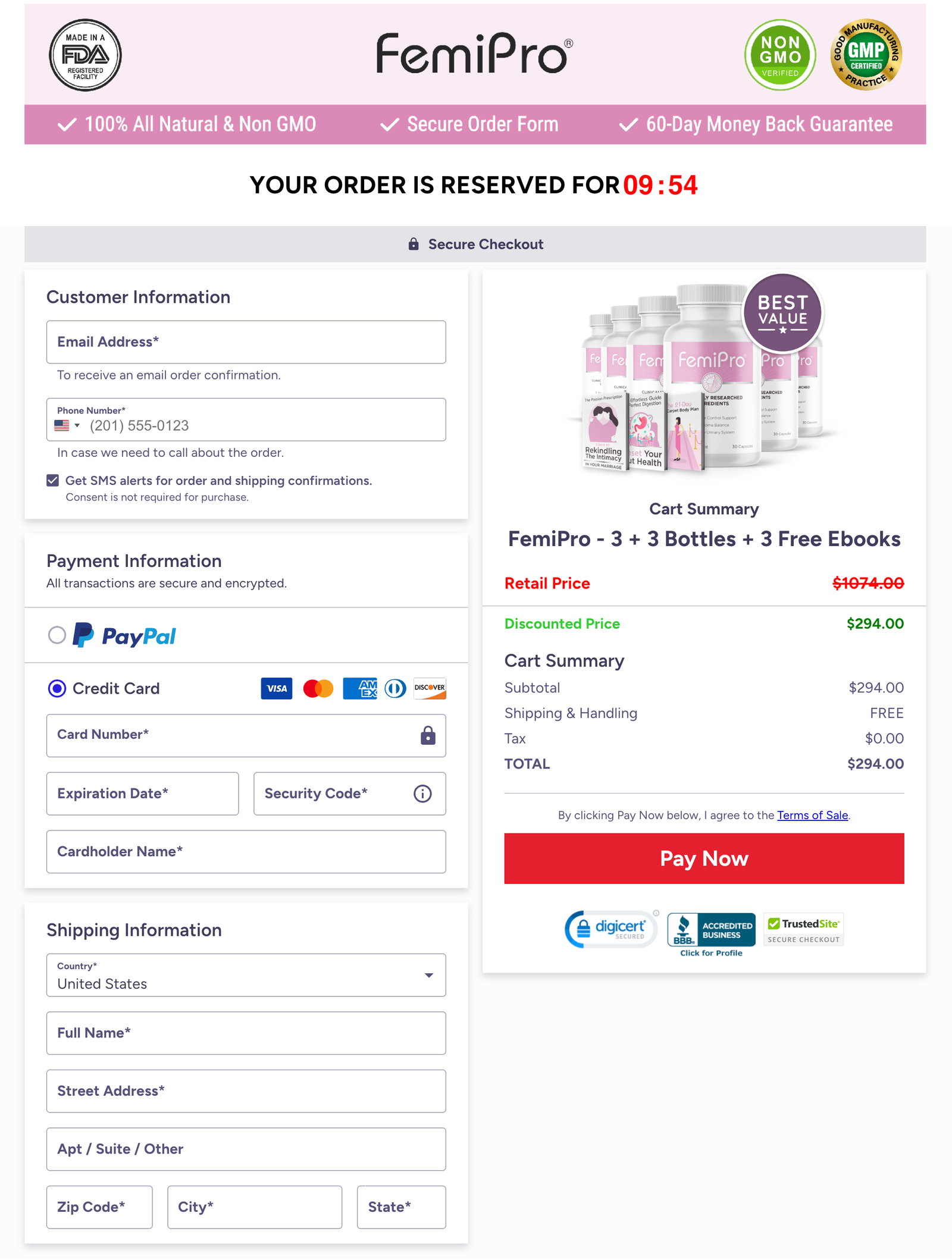 FemiPro Official Website Secure Order Page